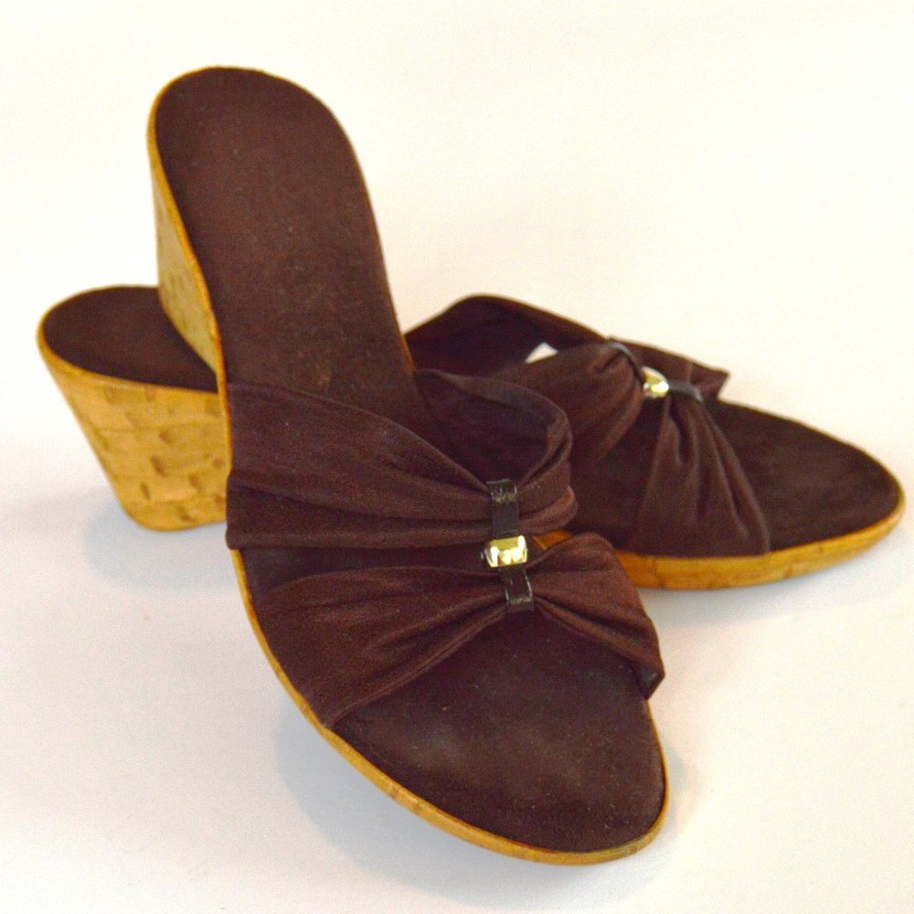 Italian Shoemakers - Shimmery Brown Cork Wedge Slip On Sandals - Size 6